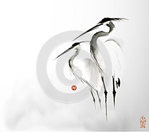 Simple minimalist ink wash painting of of two herons in the mist. Traditional oriental ink painting sumi-e, u-sin, go-hua.