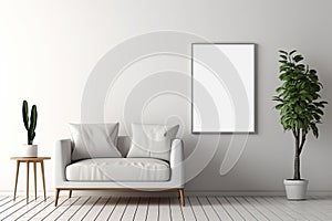 Simple minimalist living room setup with an empty photo frame on a clean wall