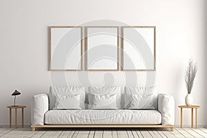 Simple minimalist living room setup with three empty photo frames on a clean wall