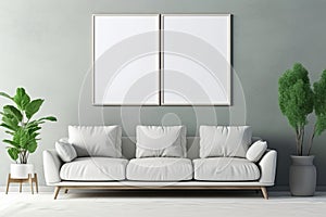 Simple minimalist living room setup with two empty photo frames on a clean wall