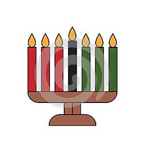 Simple minimalist outline with color icon of Kwanzaa kinara - candle holder menorah with seven candles. Vector photo