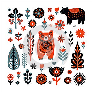 Simple minimalist Scandinavian pattern with bears, christmas forest, flowers