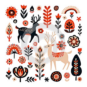 Simple minimalist Scandinavian pattern with deer, christmas forest, flowers