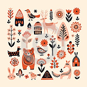 Simple minimalist Scandinavian pattern with forest animals cozy cottages