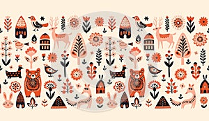 Simple minimalist Scandinavian pattern with forest animals cozy cottages