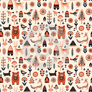 Simple minimalist Scandinavian pattern with forest animals cozy cottages