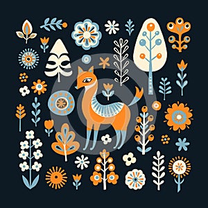 Simple minimalist Scandinavian pattern with fox, forest and flowers