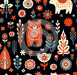 Simple minimalist Scandinavian seamless pattern with bears, christmas forest, flowers