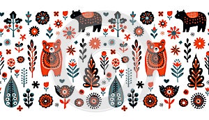 Simple minimalist Scandinavian seamless pattern with bears, christmas forest, flowers