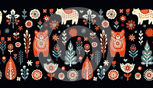 Simple minimalist Scandinavian seamless pattern with bears, christmas forest, flowers