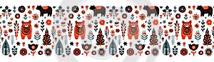 Simple minimalist Scandinavian seamless pattern with bears, christmas forest, flowers