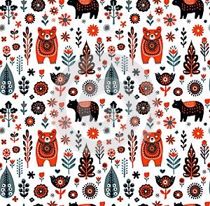 Simple minimalist Scandinavian seamless pattern with bears, christmas forest, flowers