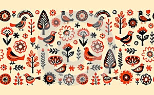 Simple minimalist Scandinavian seamless pattern with birds and flowers