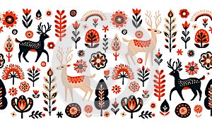 Simple minimalist Scandinavian seamless pattern with deer, christmas forest, flowers