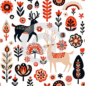 Simple minimalist Scandinavian seamless pattern with deer, christmas forest, flowers