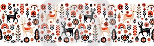 Simple minimalist Scandinavian seamless pattern with deer, christmas forest, flowers