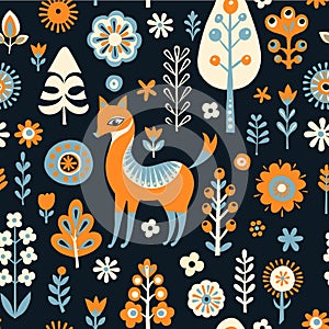 Simple minimalist Scandinavian seamless pattern with fox, forest and flowers