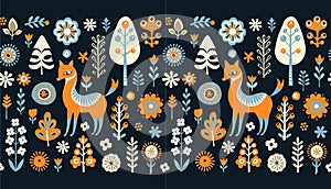 Simple minimalist Scandinavian seamless pattern with fox, forest and flowers