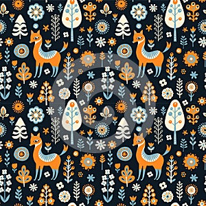 Simple minimalist Scandinavian seamless pattern with fox, forest and flowers