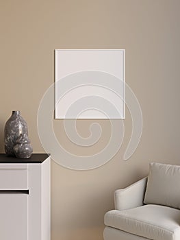 Simple and minimalist square white poster or photo frame mockup on the wall in the living room. 3d rendering