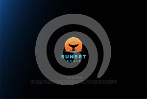 Simple Minimalist Sunset Sunrise with Whale Dolphin Tail Logo Design