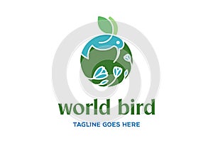 Simple Minimalist World Globe Earth Planet with Hummingbird and Leaf Flower for Environment Logo Design Vector