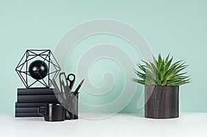 Simple minimalistic office interior with black stationery, books, coffee cup, aloe plant, abstract sculpture in green mint menthe.