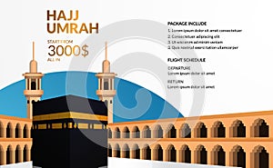 Simple modern hajj and umrah tour travel poster, flyer, banner template with kaaba realistic illustration