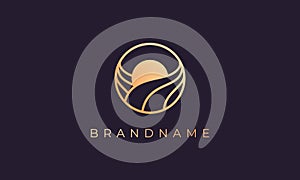 Simple and modern luxury line gold logo design of sea water wave and sun in a circle