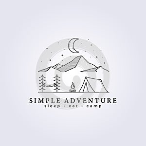 simple modern outdoor adventure night tent sleeping bag pine tree forest campfire vintage retro line art logo vector illustration