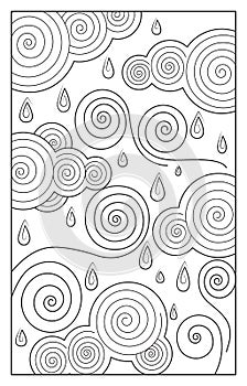 Simple monochrome contour illustration, stylized rainy weather, clouds, wind and water droplets from curls