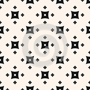 Simple monochrome vector geometric seamless pattern with small flowers, squares