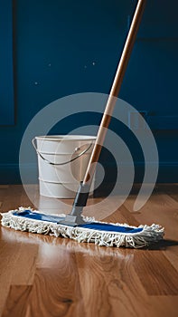 Simple mop on laminate floor with water bucket in background