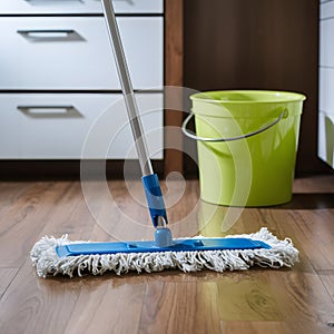 Simple mop on laminate floor with water bucket in background