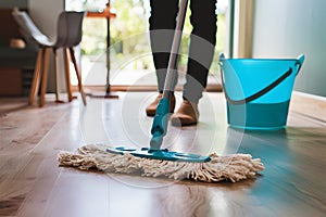 Simple mop on laminate floor with water bucket in background photo