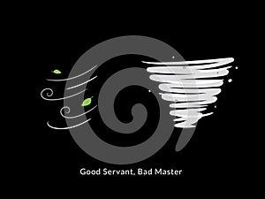 Simple Motivation graphic on dark background. Wind can be good servant and bad master