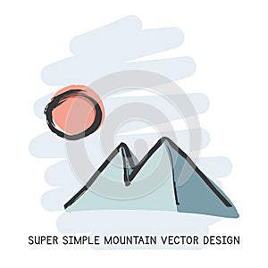 Simple mountain hand-drawn doodle style vector design. Nature elements concept. Cute mountain and the Sun quick simple drawing