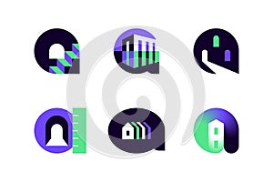 Simple multicolored elements of architecture. Set of modern geometric logo mark templates or icons of buildings and constructions