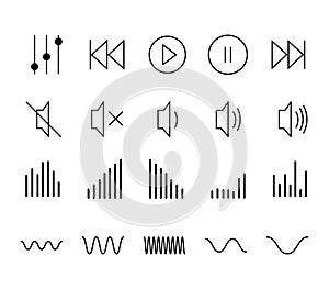 simple music icons. theme of music,sound design,music player interface, sound wave,sound distortion. flat vector linear icons