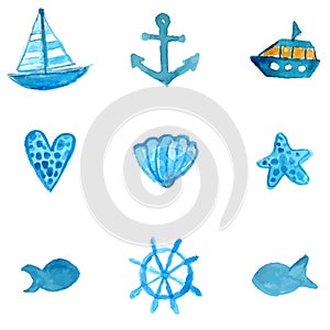 Simple nautical watercolor icons: anchor, ship, star fish and shell. Vector illustrations isolated on white background.