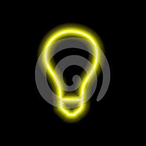 Simple neon yellow light bulb outline on black background. Vector illustration