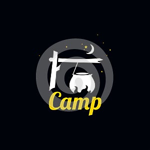 Simple night camp cooking activity illustration on dark background