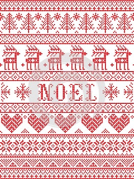 Simple Noel Christmas pattern with Scandinavian, Nordic festive winter pastern in cross stitch with heart, snowflake, snow