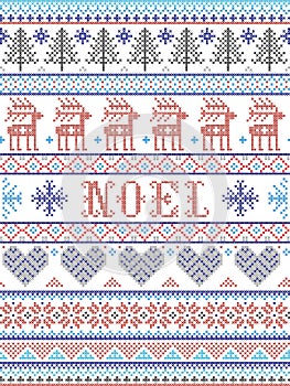 Simple Noel Christmas pattern with Scandinavian,  Nordic festive winter pasterns in cross stitch with heart, snowflake, snow