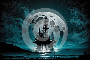 simple Oil Rig at Night with Full Moon