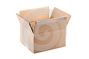 Simple one single brown open empty cardboard mystery box, carton parcel container opened, delivery pack, object isolated on white