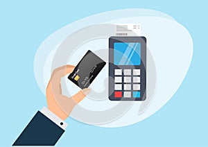 Simple operation of POS terminale Hand push credit or debit card into pos terminal card concept payment.  Flat style cartoon photo