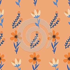 Simple Orange Flowers and Blue Leaves Seamless Pattern with Soft Orange Background