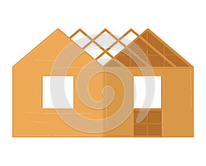 Simple orange house construction with exposed framework and empty windows. New home building process concept vector