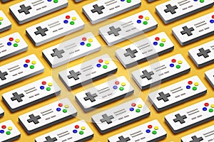 Simple organised retro console game controllers gamepads repetitive array pattern, group abstract background, isometric top view